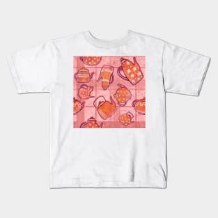 Pink Plaid Tea Lover Teapots Pattern Kids T-Shirt